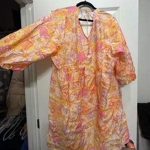 Orange Floral Deep V Neck Dress